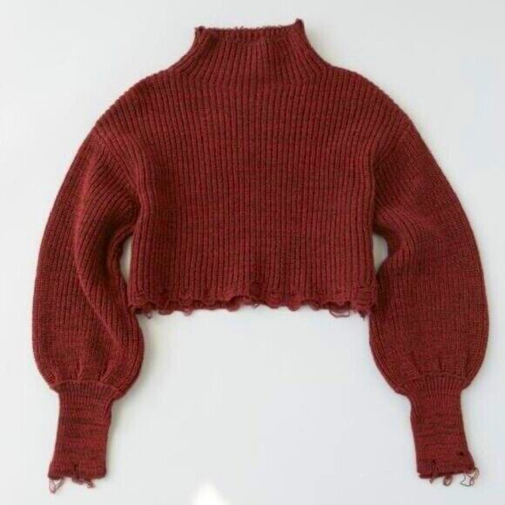 UO Burgundy Cropped Mock Turtleneck Bishop Sleeve Pullover Sweater SM